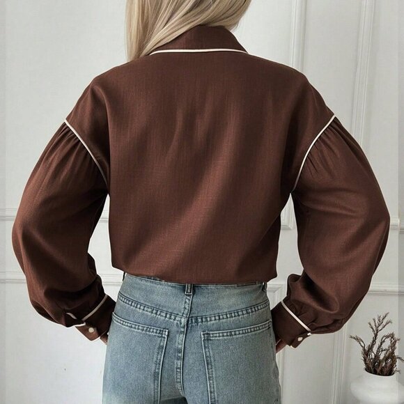 Brown Casual Women's Contrast Trim Long Sleeve Cotton Blouse - Picture 2 of 5